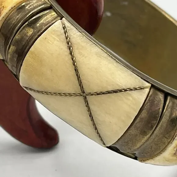 Stone Brass Women’s Cuff Bracelet Ivory Tone Slip On Boho Peasant Nature - Picture 12 of 13